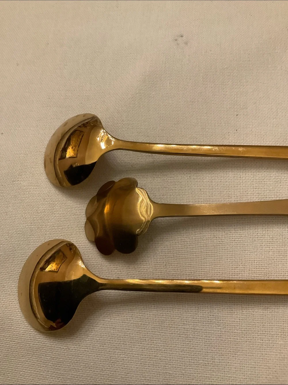 Set of 3 brass/ gold stainless entertaining spoons.  Perfect for dips and other.